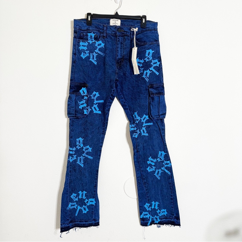 Syndicate blue distressed golden print cargo jeans